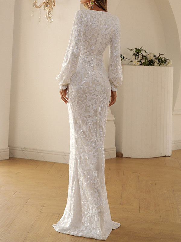 xakxx Sequined Solid Color Split-Front Tied Waist Bodycon Long Sleeves V-Neck Maxi Dresses