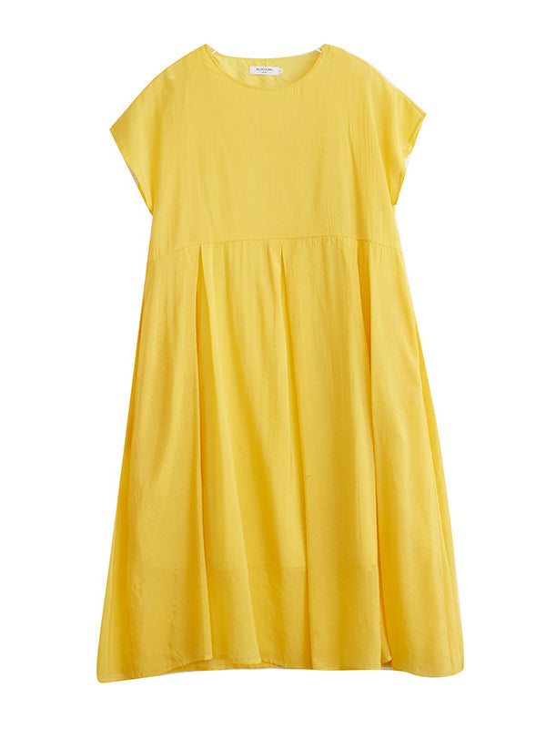 xakxx Loose Short Sleeves Solid Color Split-Joint Round-Neck Midi Dresses