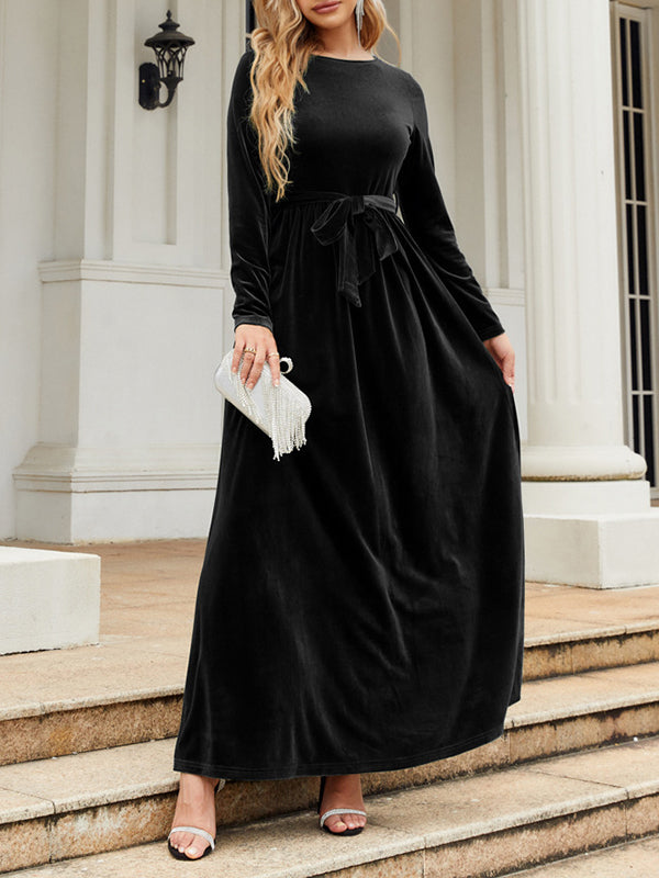 xakxx Long Sleeves Wrap Belted Pleated Solid Color Zipper Round-Neck Maxi Dresses