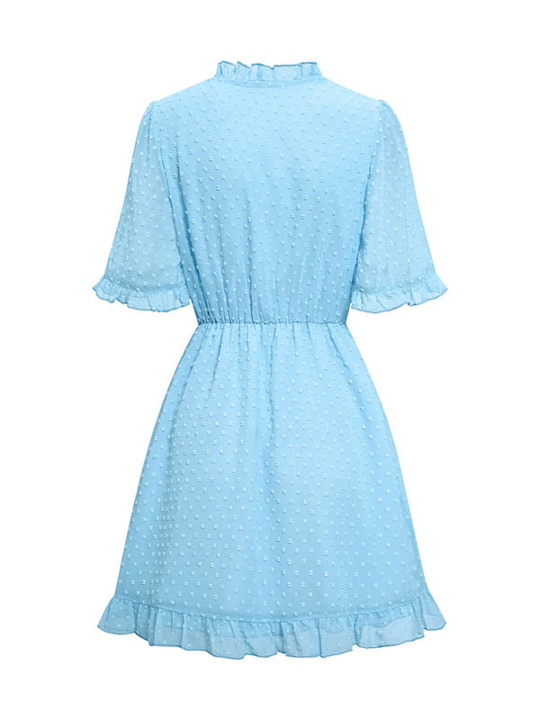 xakxx A-Line Loose Jacquard Ruffled Solid Color V-Neck Mini Dresses