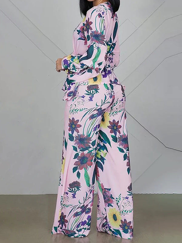 xakxx High Waisted Long Sleeves Flower Print Tied Waist V-Neck Shirts Top + Pants Bottom Two Pieces Set