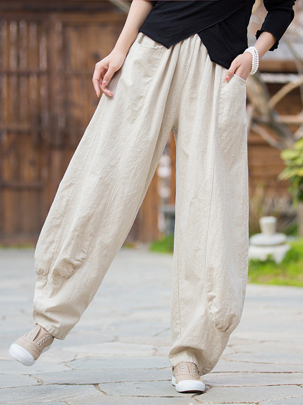 xakxx 7 Colors Casual Wide Leg High Waisted Solid Color Linen Pants