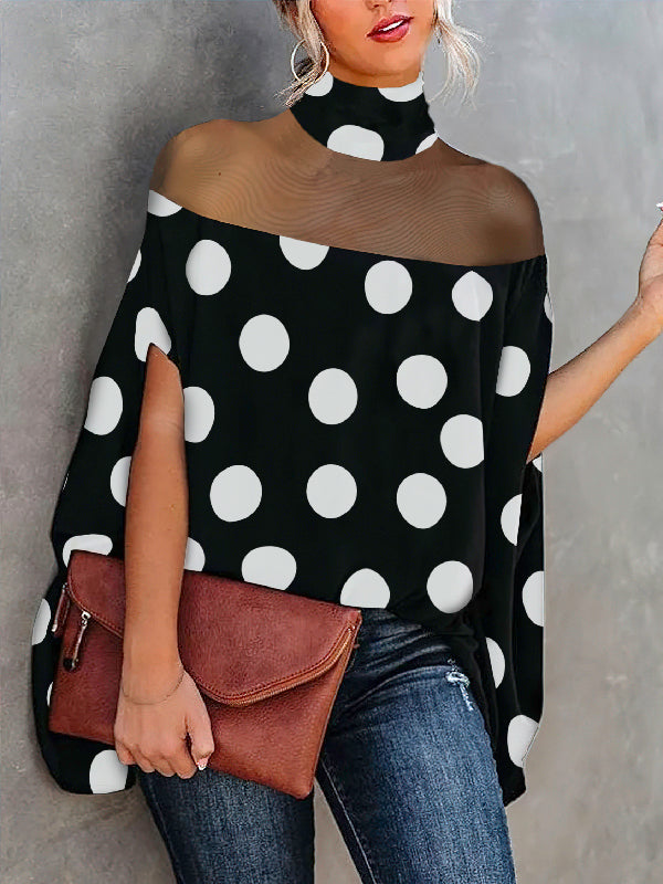 xakxx Trendy Batwing Sleeves Polka-Dot See-Through High-Neck Blouses&Shirts Tops