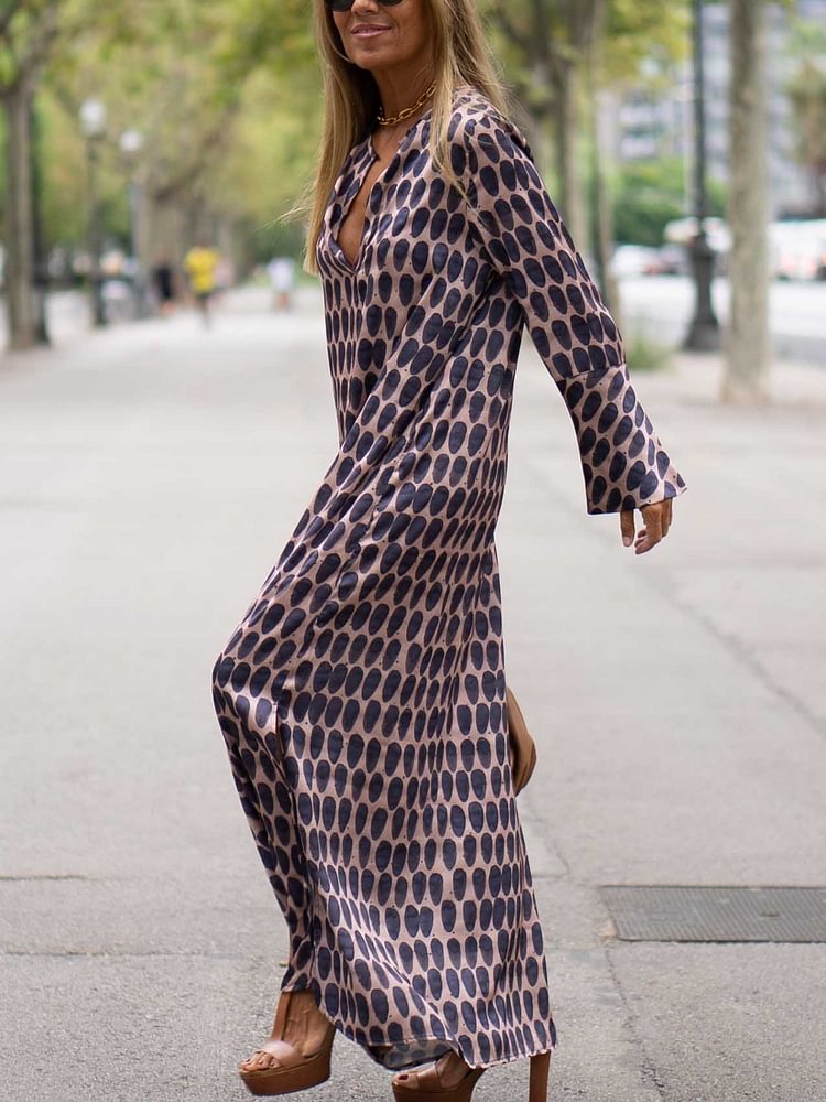 xakxx Women Casual Loose Printed Deep V-Neck Maxi Dresses