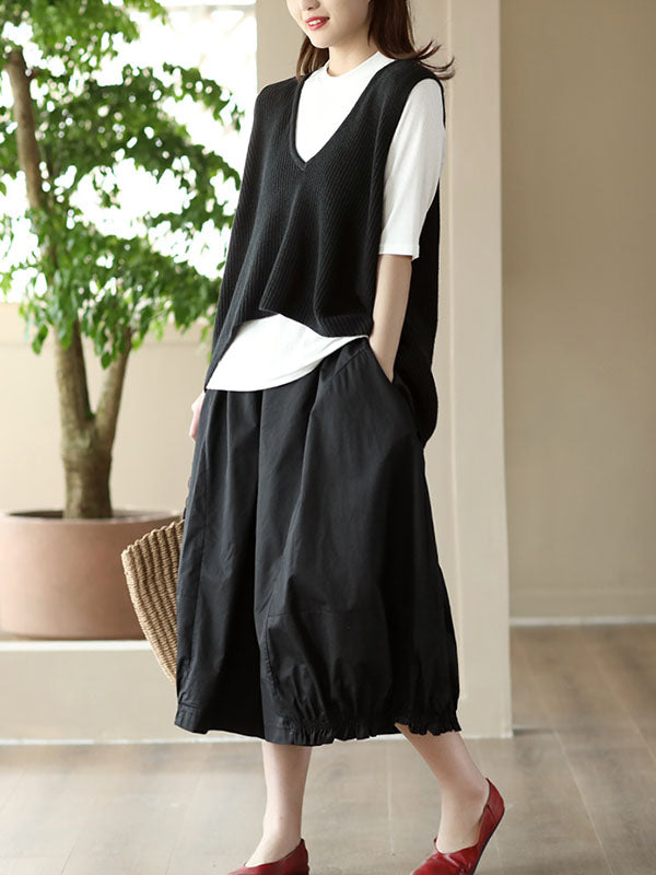 xakxx Cropped Pleated Wide Leg Casual Pants Bottoms