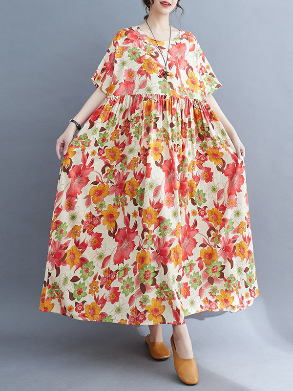 xakxx Loose Short Sleeves Pleated Printed Split-Joint Round-Neck Midi Dresses