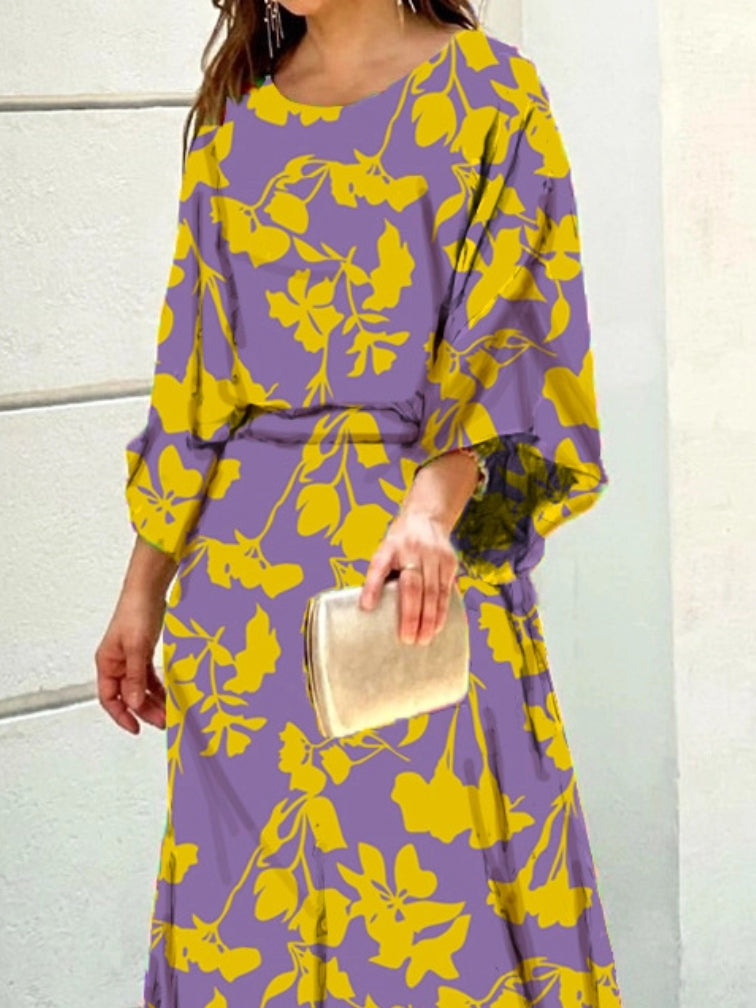 xakxx Loose Contrast Color Floral Printed T-Shirt Top&Skirt 2 Pieces Set