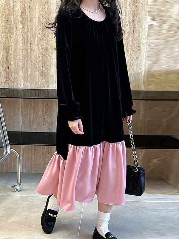 xakxx Flared Sleeves Long Sleeves Contrast Color Pleated Ruffled Split-Joint Velvet Round-Neck Midi Dresses