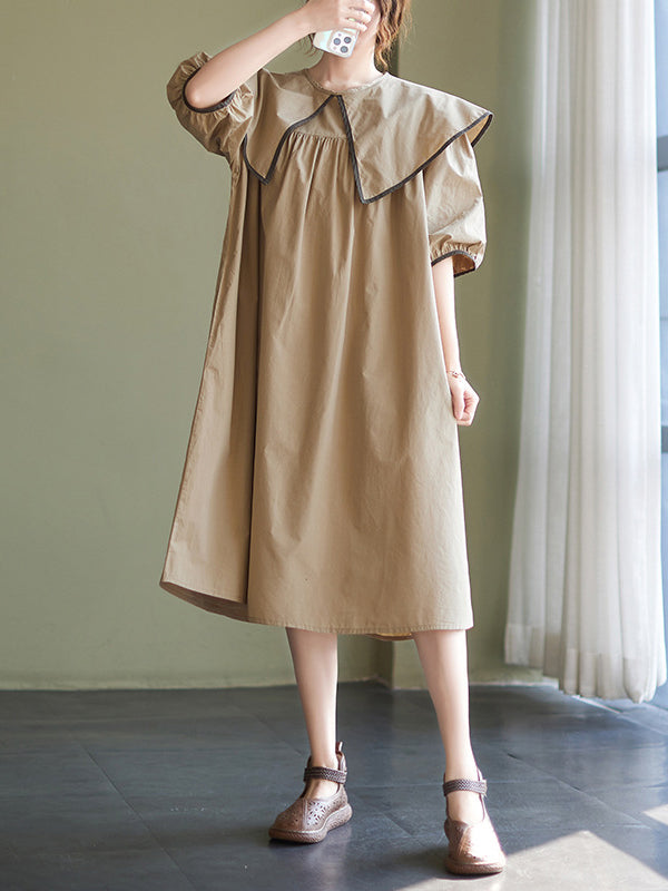 xakxx Loose Short Sleeves Pleated Split-Joint Peter Pan Collar Midi Dresses
