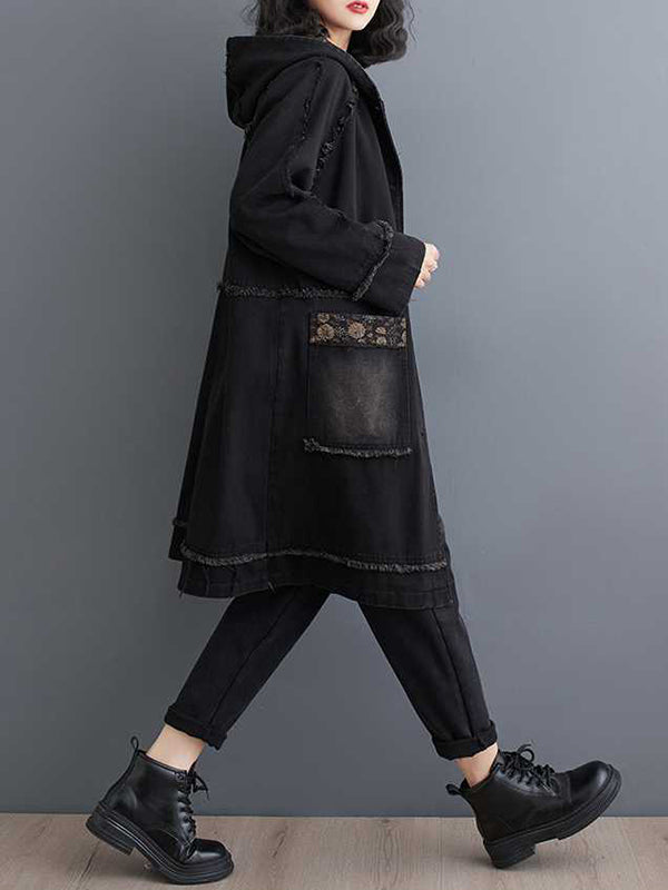 xakxx Loose Raglan Sleeve Floral Printed Fringed Split-Joint Hooded Outerwear Trench Coats