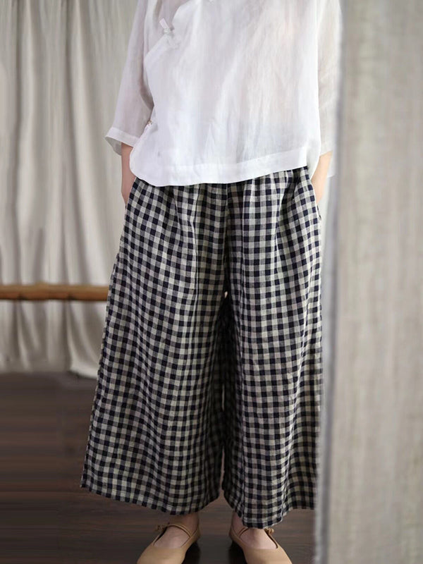 xakxx Artistic Retro Linen Loose Wide Legs Plaid Drawstring Pants