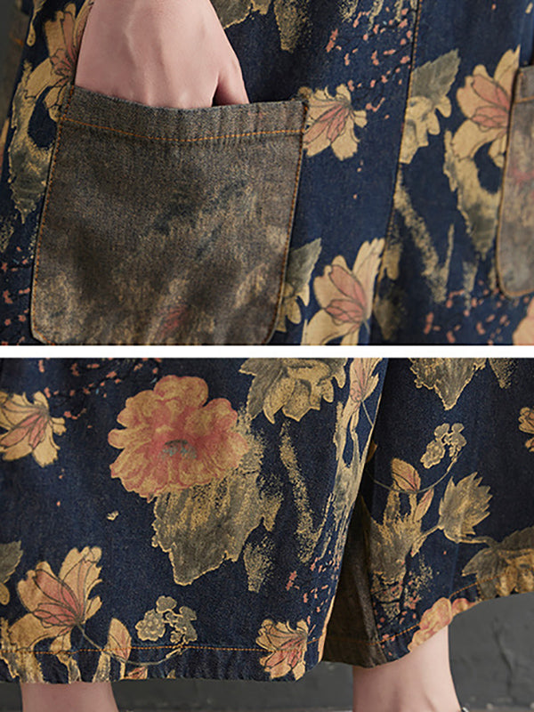 xakxx Oversize Wide Leg Floral Printed Split-Joint Overalls