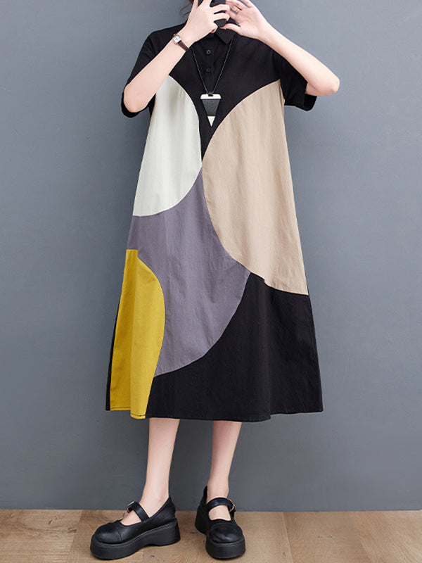 xakxx Loose Oversize Color-Block Contrast Color Split-Joint Lapel Midi Dresses Shirt Dress