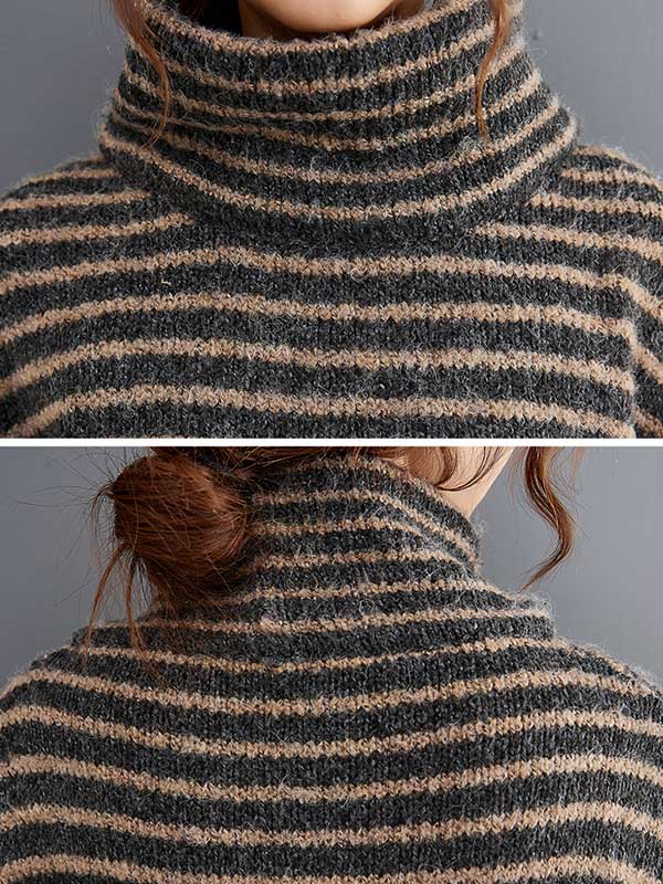 xakxx xakxx-Loose Striped High-Low Heaps Collar Long Sleeves Knitwear