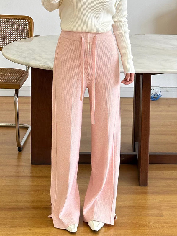 xakxx High Waisted Loose Drawstring Solid Color Split-Side Velvet Pants Trousers