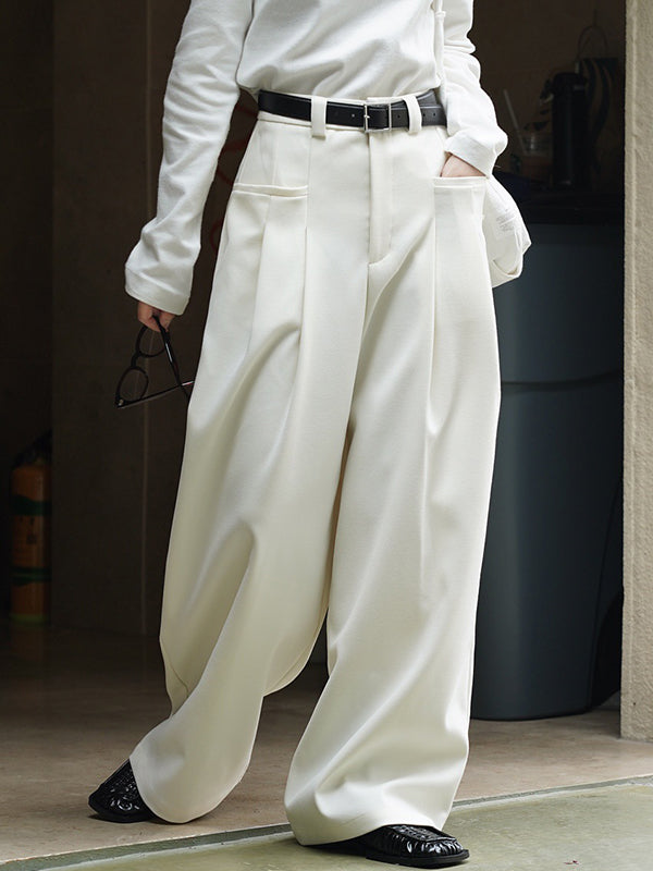 xakxx Loose Pleated Solid Color Wide Leg Pants Bottoms