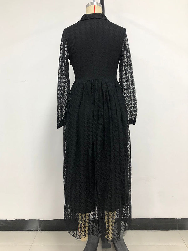 xakxx High Waisted Long Sleeves Buttoned Gauze See-Through Solid Color V-Neck Maxi Dresses