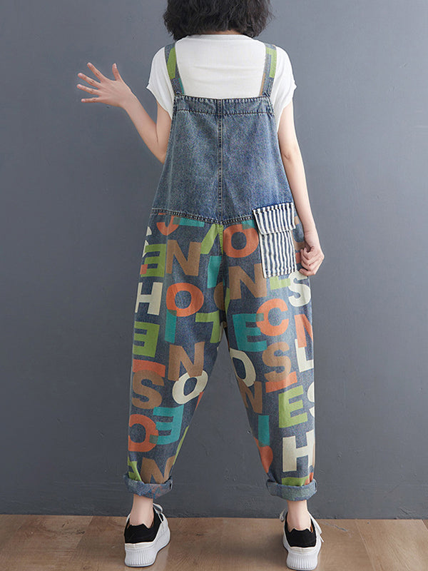 xakxx High Waisted Loose Asymmetric Buttoned Letter Print Pockets Split-Joint Striped Overalls