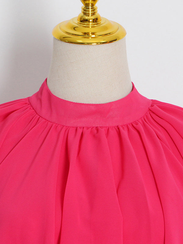 xakxx Loose Raglan Sleeve Solid Color Tiered Stand Collar Maxi Dresses