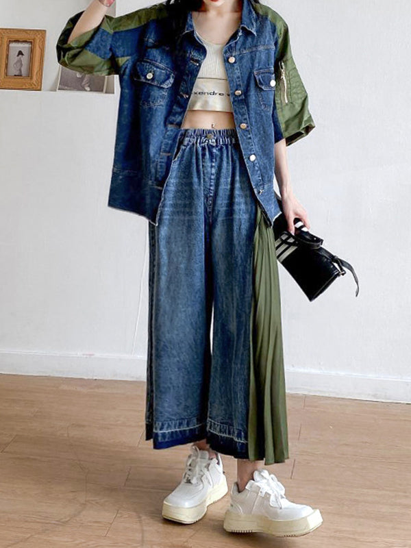 xakxx Loose Ninth Pants Contrast Color Pleated Split-Joint Jean Pants Bottoms