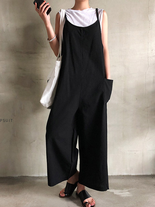 xakxx Black&Khaki Casual Spaghetti-Neck Loose Wide-Leg Overalls