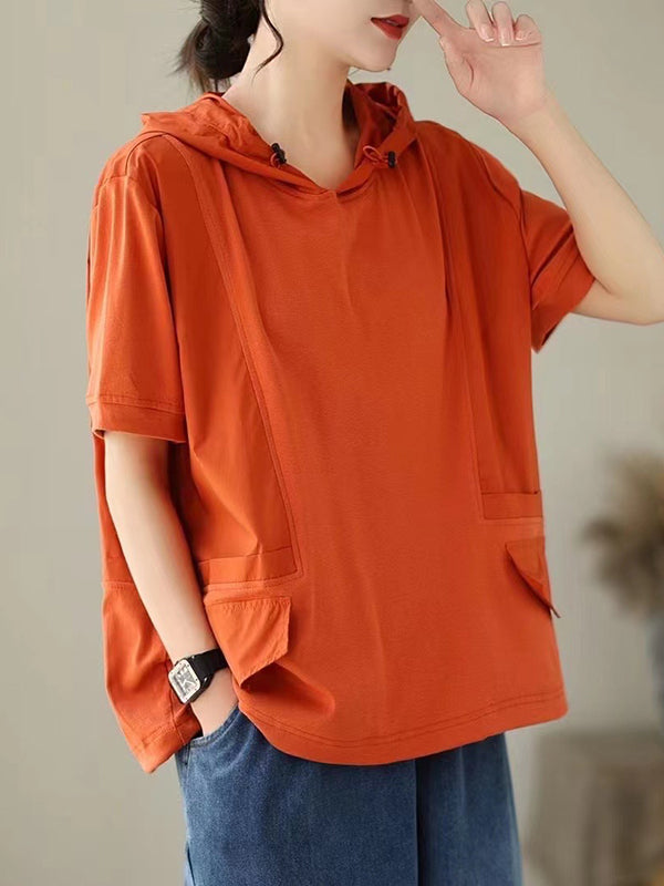 xakxx Loose Short Sleeves Solid Color Hooded T-Shirts Tops
