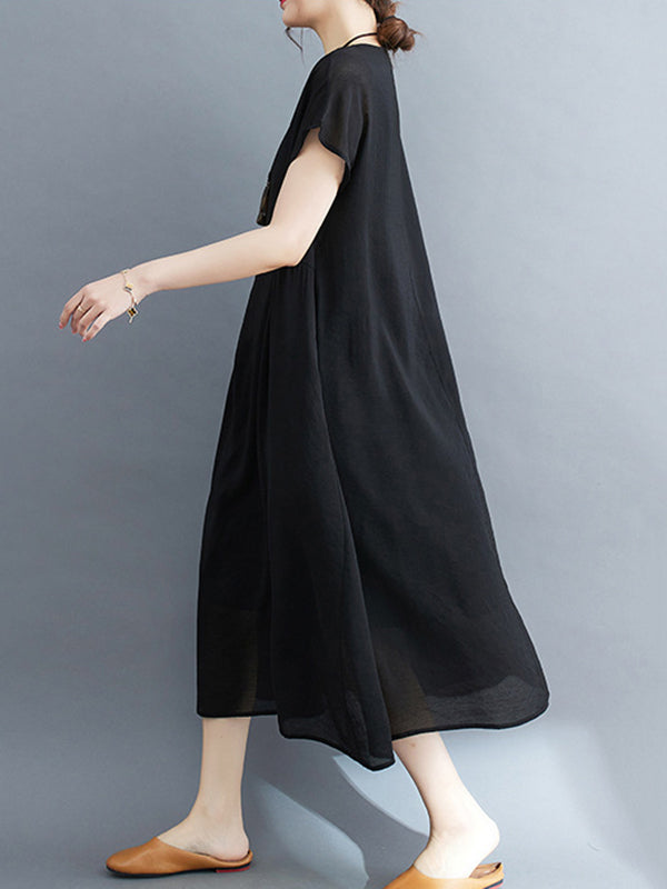 xakxx Loose Short Sleeves Solid Color Split-Joint Round-Neck Midi Dresses