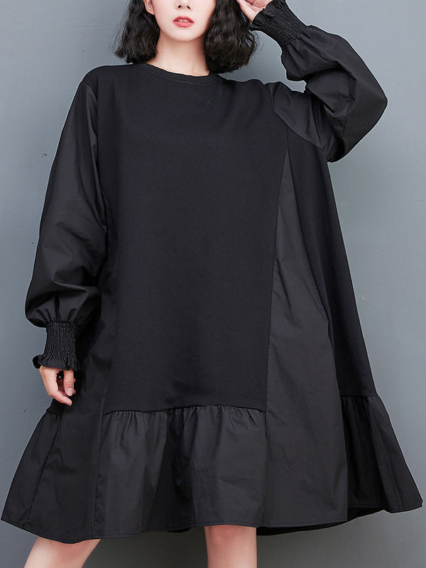 xakxx Loose Puff Sleeves Pleated Solid Color Split-Joint Round-neck Midi Dresses