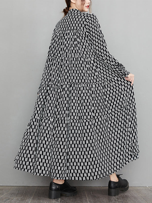 xakxx Casual Long Sleeves Loose Buttoned Contrast Color Printed Split-Joint Stand Collar Midi Dresses