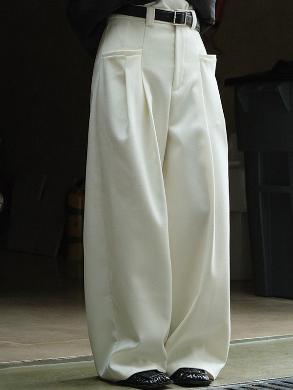 xakxx Loose Pleated Solid Color Wide Leg Pants Bottoms
