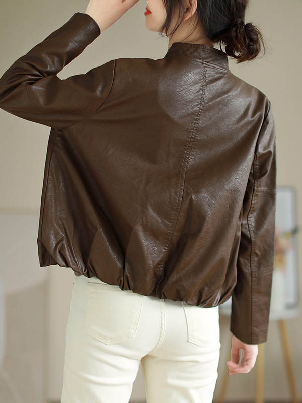 xakxx Long Sleeves Loose Buttoned Pleated Pockets Split-Joint Stand Collar Jackets Outerwear