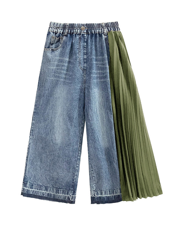 xakxx Loose Ninth Pants Contrast Color Pleated Split-Joint Jean Pants Bottoms