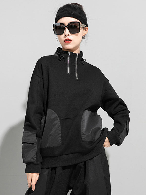 xakxx Casual Long Sleeves Loose Solid Color Zipper High-Neck Sweatshirt Tops