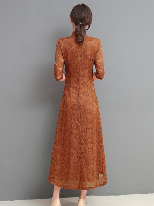 xakxx Gray&Coffee Lace A-line Long Cheongsam Ao Dai