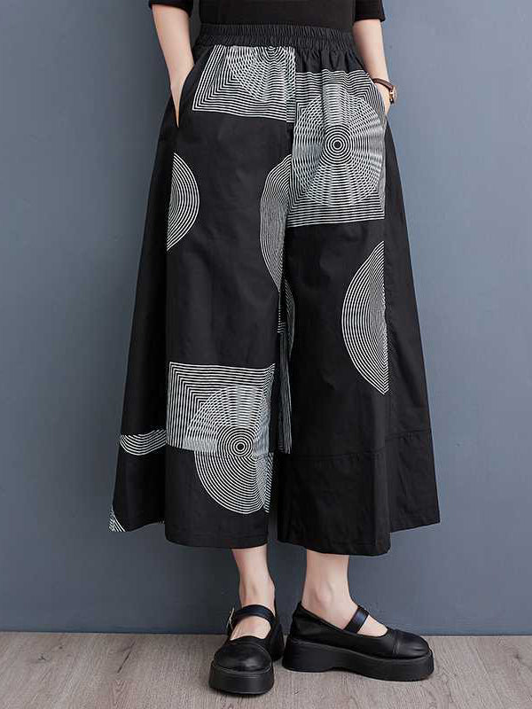 xakxx High Waisted Loose Elasticity Printed Cropped Trousers Pants