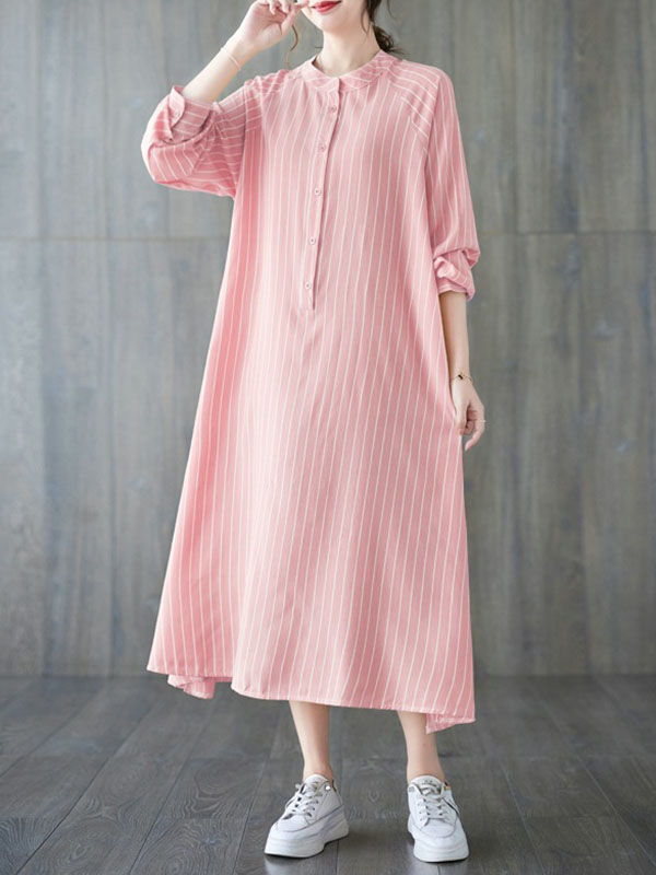 xakxx Long Sleeves Loose Buttoned Split-Side Striped Round-Neck Midi Dresses Shirt Dress