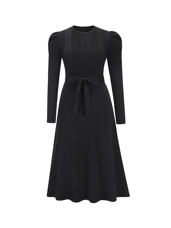 xakxx High Waisted Long Sleeves Solid Color Tied Waist Round-Neck Midi Dresses Sweater Dresses