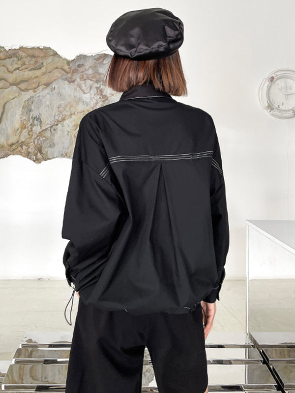 xakxx Casual Contrast Color Printed Drawstring Blouse Top