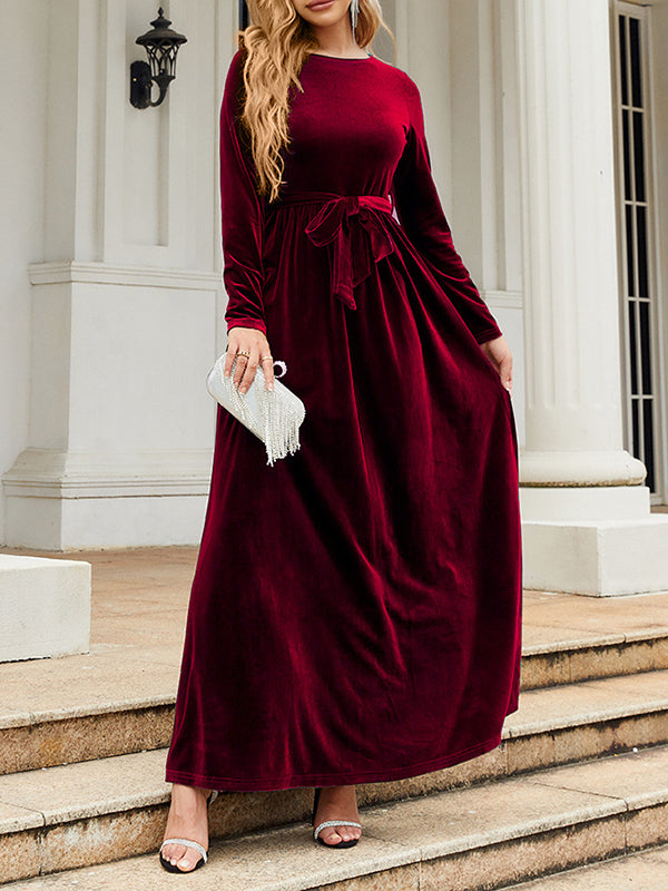 xakxx Long Sleeves Wrap Belted Pleated Solid Color Zipper Round-Neck Maxi Dresses