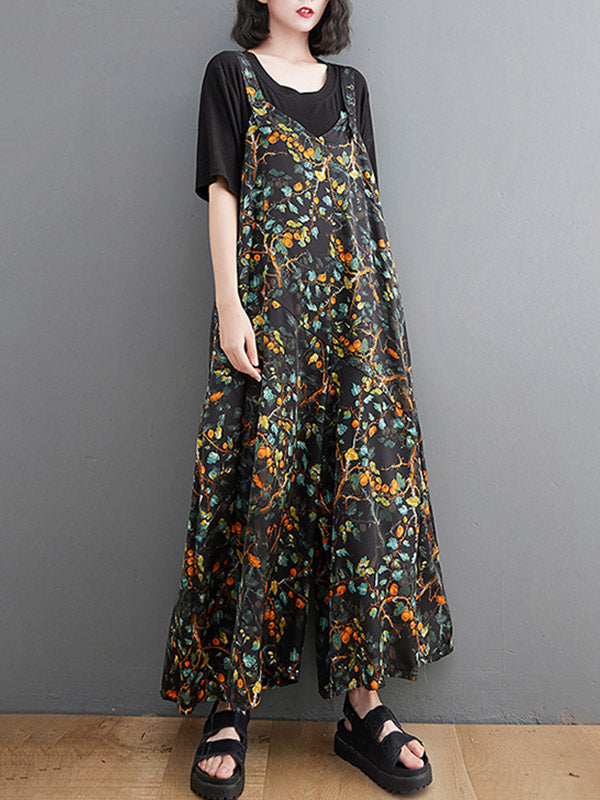 xakxx Loose Artistic Retro Ramie Cotton Floral Printed V-Neck Overalls