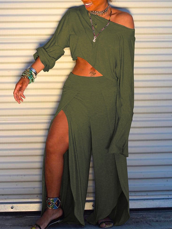 xakxx Solid Color Long Sleeves Round-Neck T-Shirt + Split-Side Wide Leg Pants Two Pieces Set