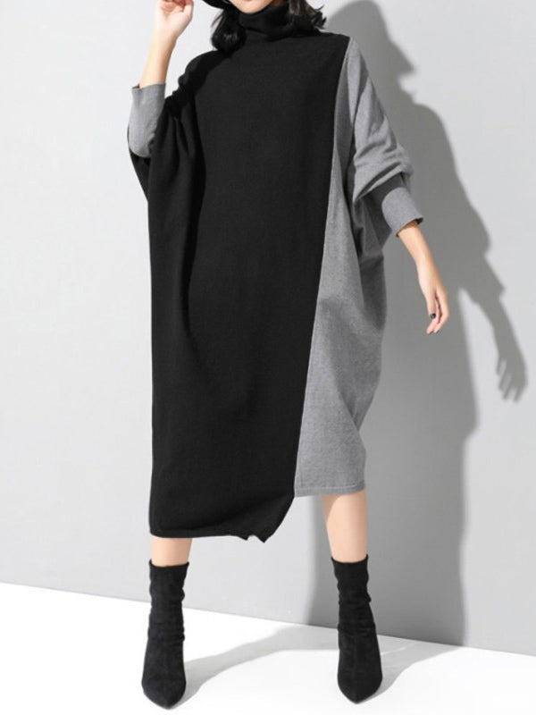 xakxx Casual Loose Split-Joint Contrast Color High-Neck Long Sleeves Dress