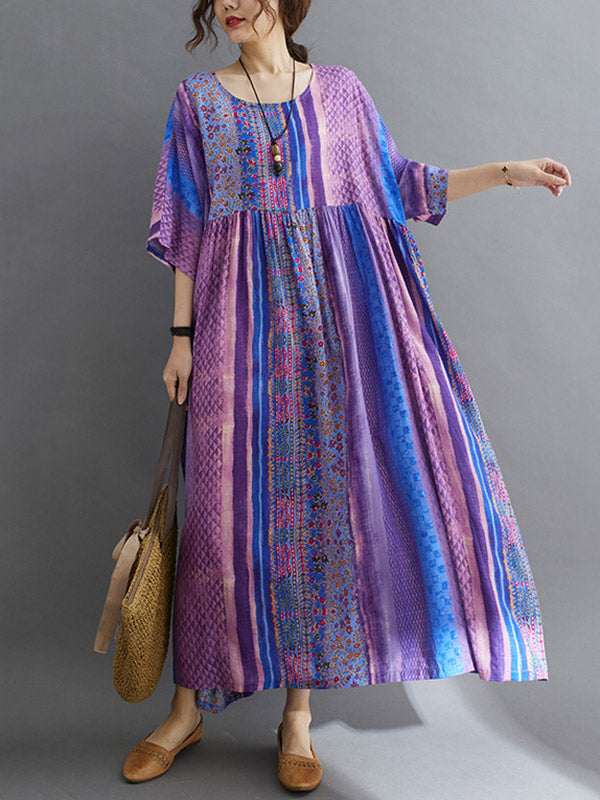 xakxx Vintage Side Pocket Striped Floral Printed Midi Dress