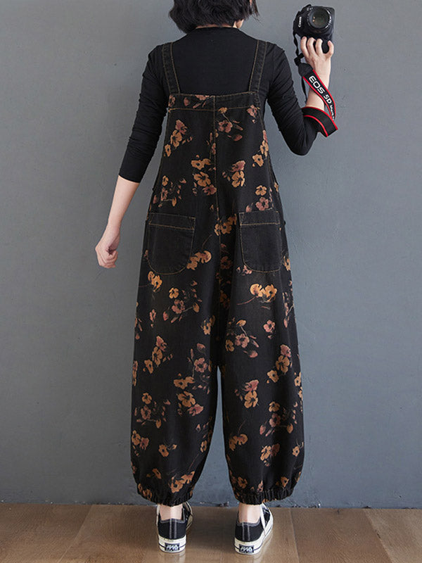 xakxx Original Floral With Pocket Harem Denim Overalls