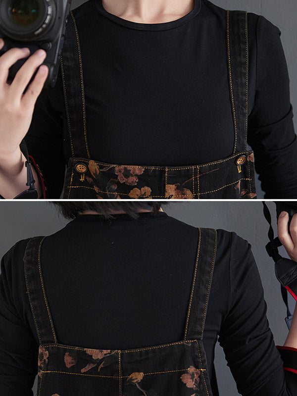 xakxx Original Floral With Pocket Harem Denim Overalls