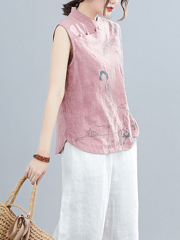 xakxx Artistic Retro Chinese-Style Printed Buttoned Stand Collar Sleeveless Vest