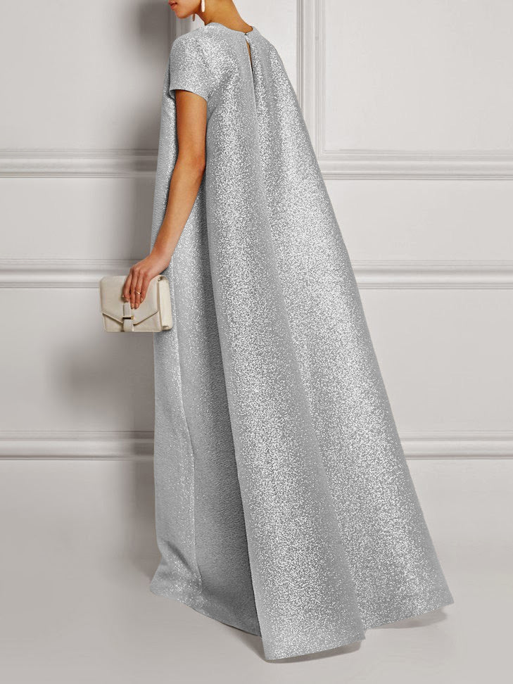xakxx Loose Short Sleeves Shiny Solid Color V-Neck Maxi Dresses