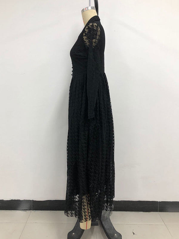 xakxx High Waisted Long Sleeves Buttoned Gauze See-Through Solid Color V-Neck Maxi Dresses