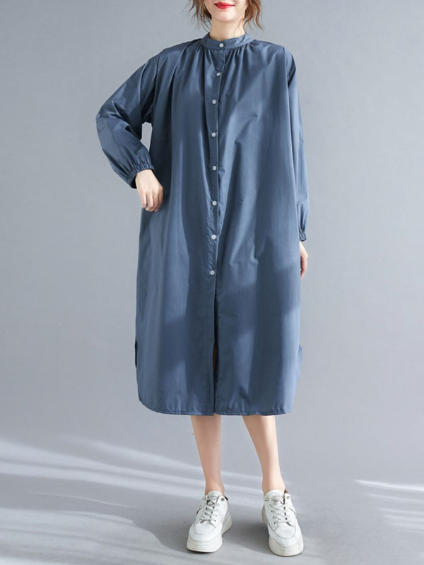 xakxx A-Line Long Sleeves Buttoned Elasticity Split-Side Mock Neck Midi Dresses Shirt Dress