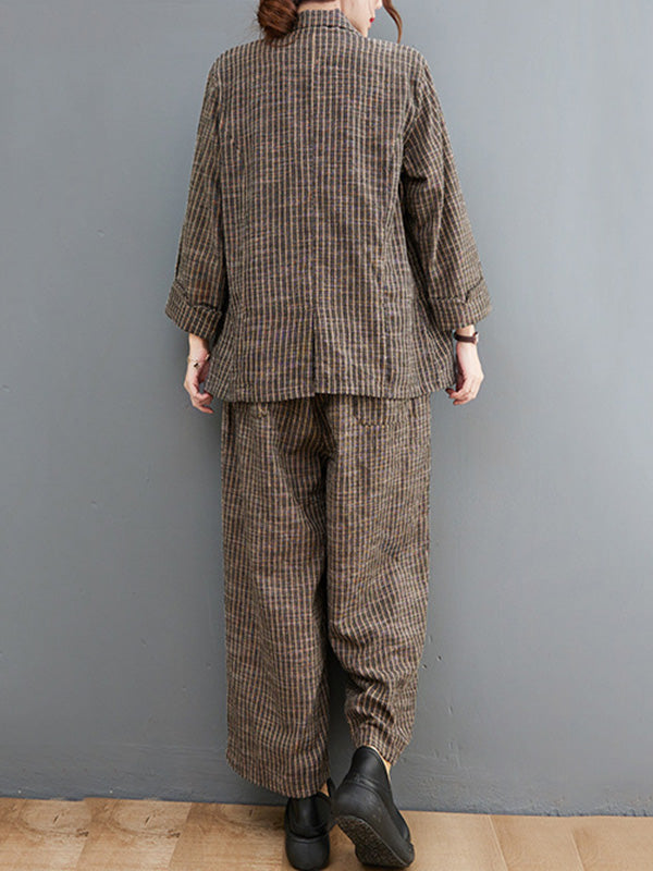 xakxx Vintage Ramie Cotton Notched Collar One Button Suits+Column Pants 2 Pieces Set